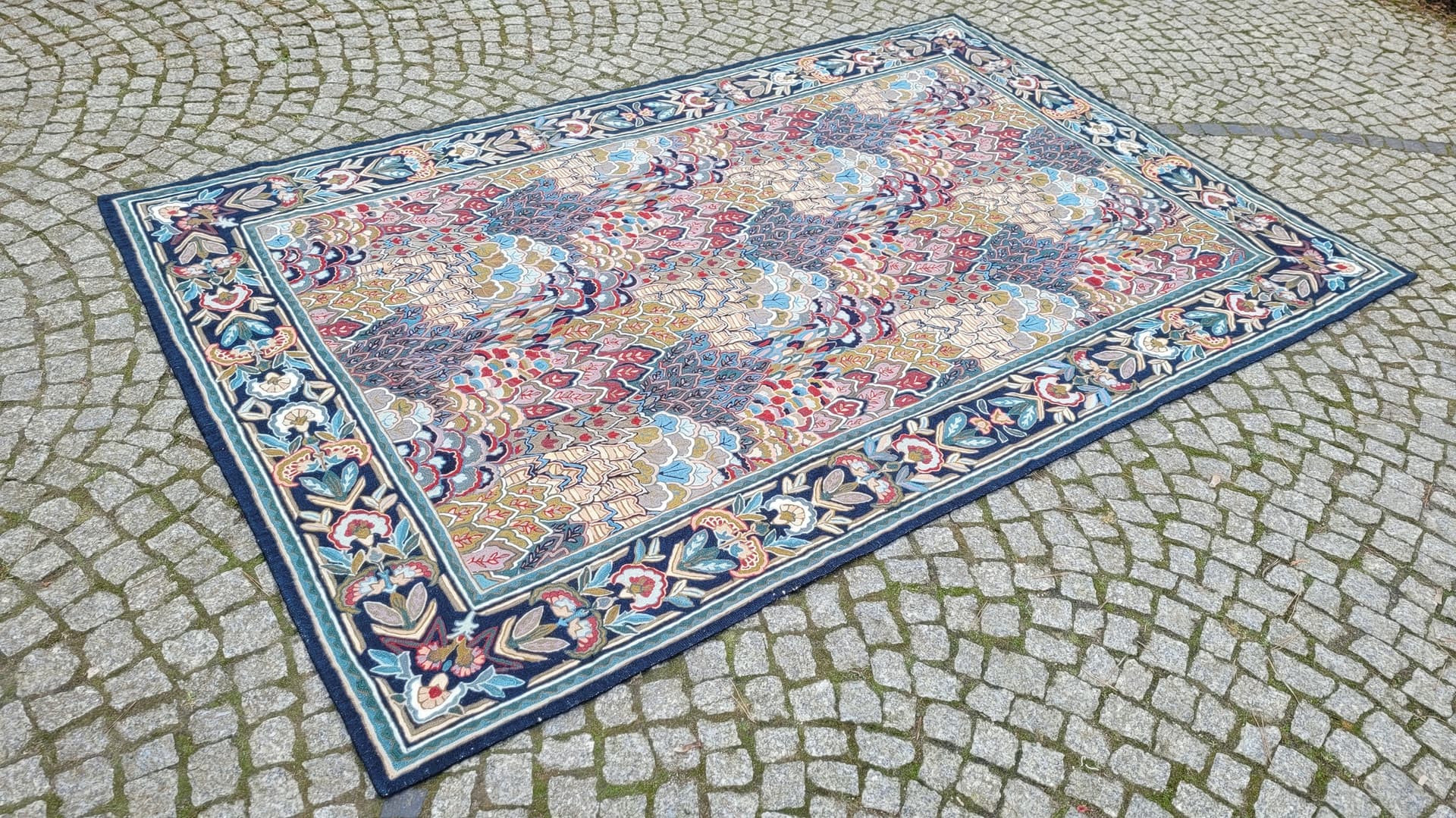 Kilim tapestry, 255x165 cm, blue red brown beige green gold, wool cotton, India, 1990s. - 393431
