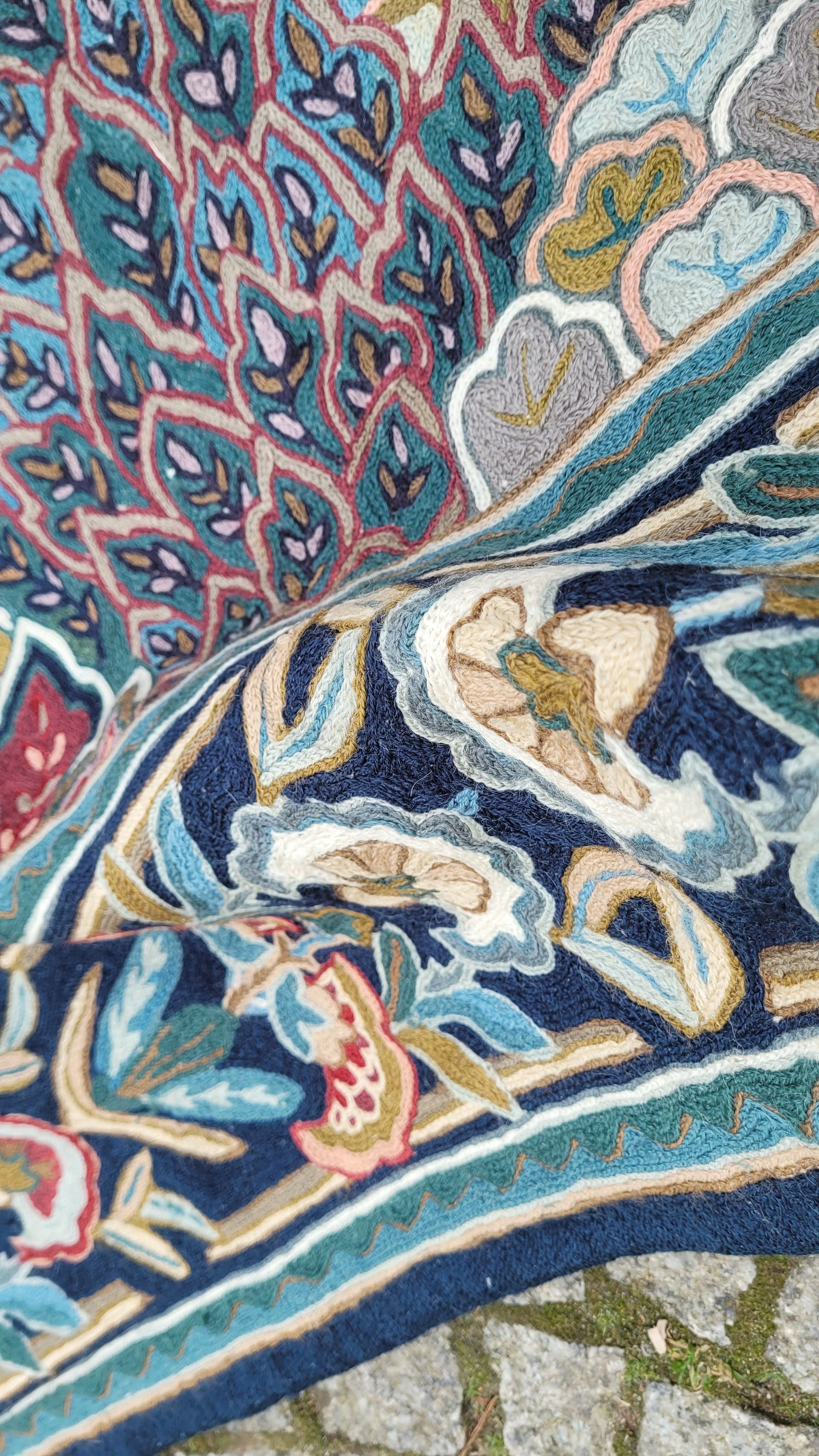 Kilim tapestry, 255x165 cm, blue red brown beige green gold, wool cotton, India, 1990s. - 393435