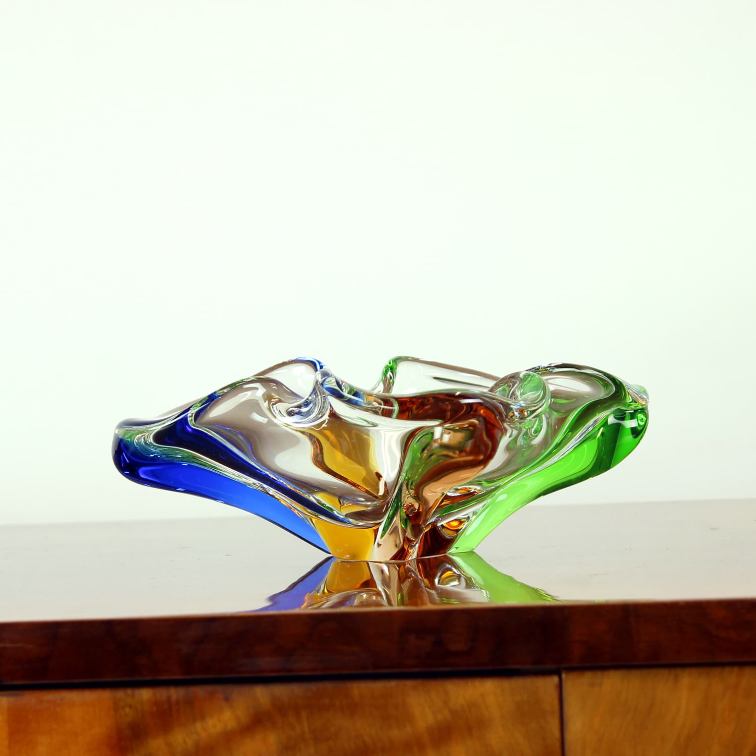 Bowl Rhapsody, clear glass, blue glass, green glass, brown glass, by F. Zemek, Czechoslovakia, 1960s - 393522
