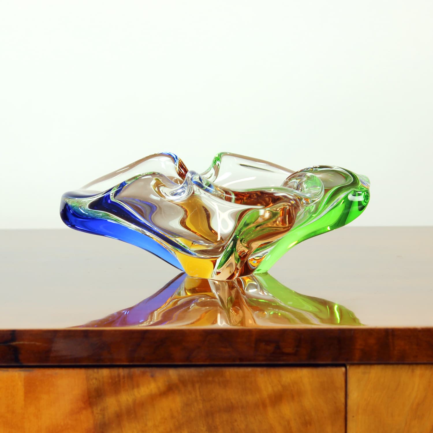 Bowl Rhapsody, clear glass, blue glass, green glass, brown glass, by F. Zemek, Czechoslovakia, 1960s - 393524