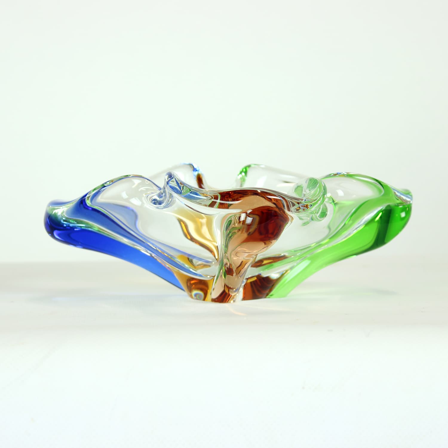 Bowl Rhapsody, clear glass, blue glass, green glass, brown glass, by F. Zemek, Czechoslovakia, 1960s - 393516