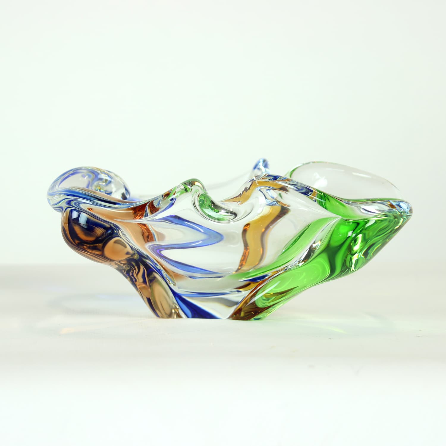 Bowl Rhapsody, clear glass, blue glass, green glass, brown glass, by F. Zemek, Czechoslovakia, 1960s - 393517