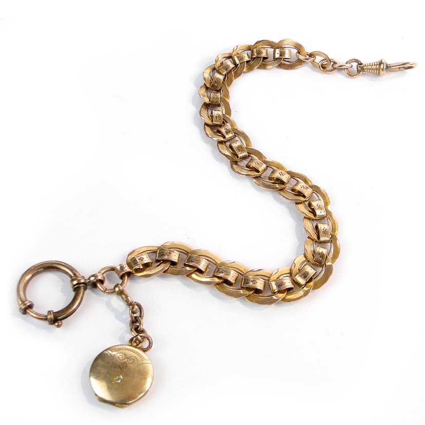 Pocket watch chain with locket, gold, gilt brass, glass, Austria, 19th century