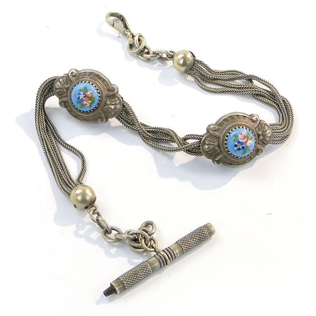 Pocket Watch Fob, silver metal, painted porcelain, Austria, 19th century - DIMENSION