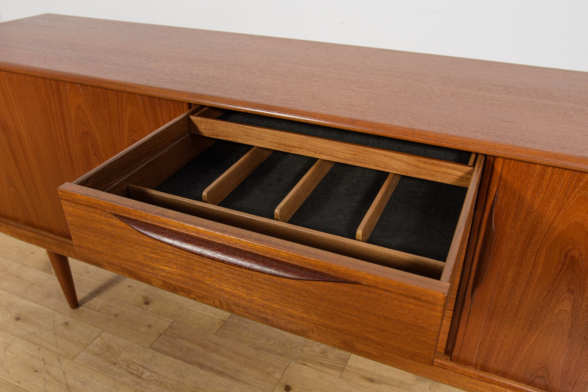 Sideboard with tambour doors, teak, brown, Denmark, 1970s. - 393731