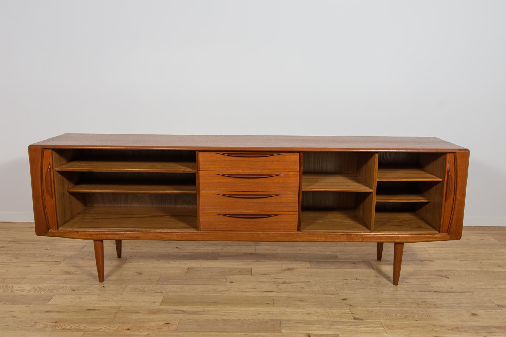 Sideboard with tambour doors, teak, brown, Denmark, 1970s. - 393727
