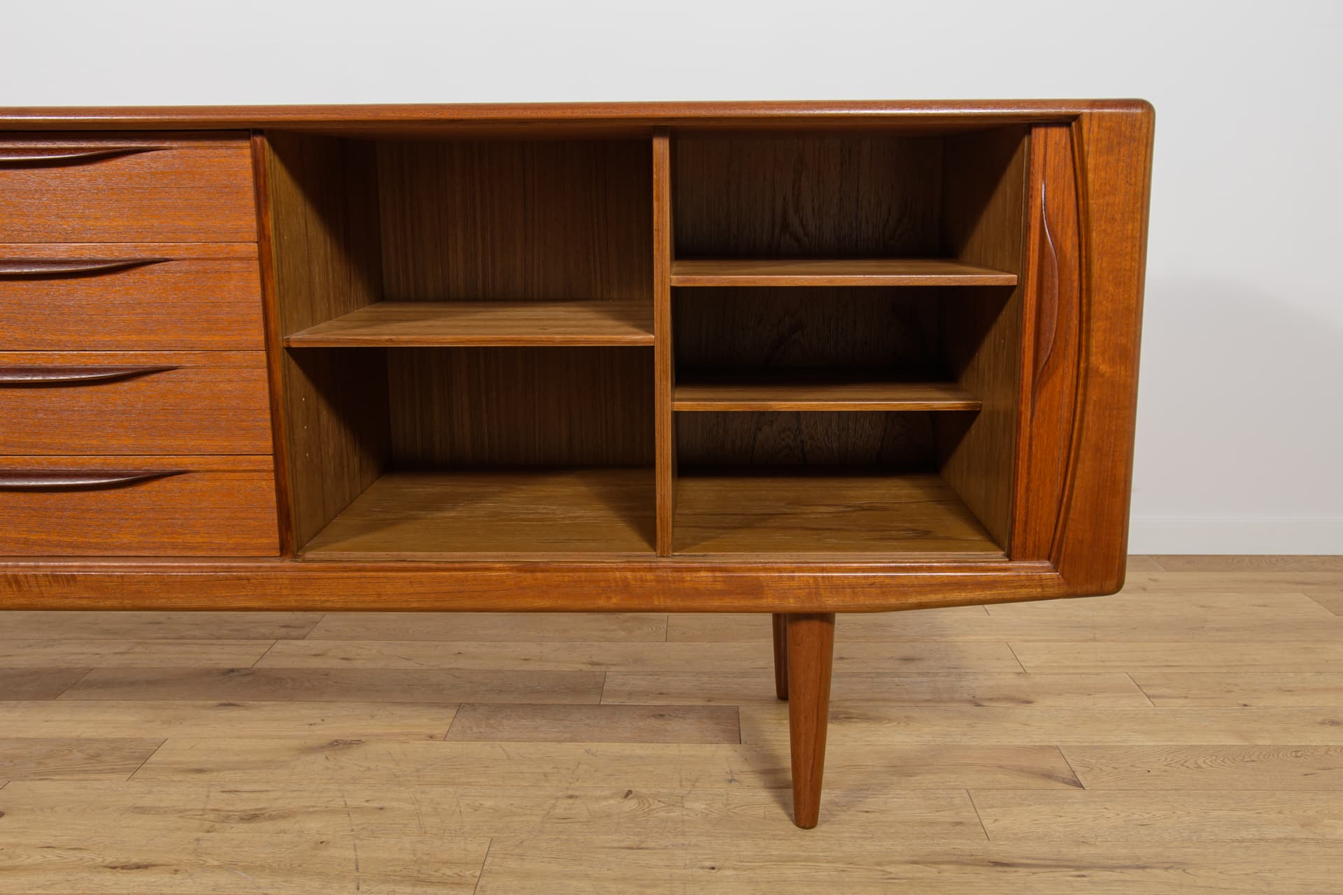 Sideboard with tambour doors, teak, brown, Denmark, 1970s. - 393730
