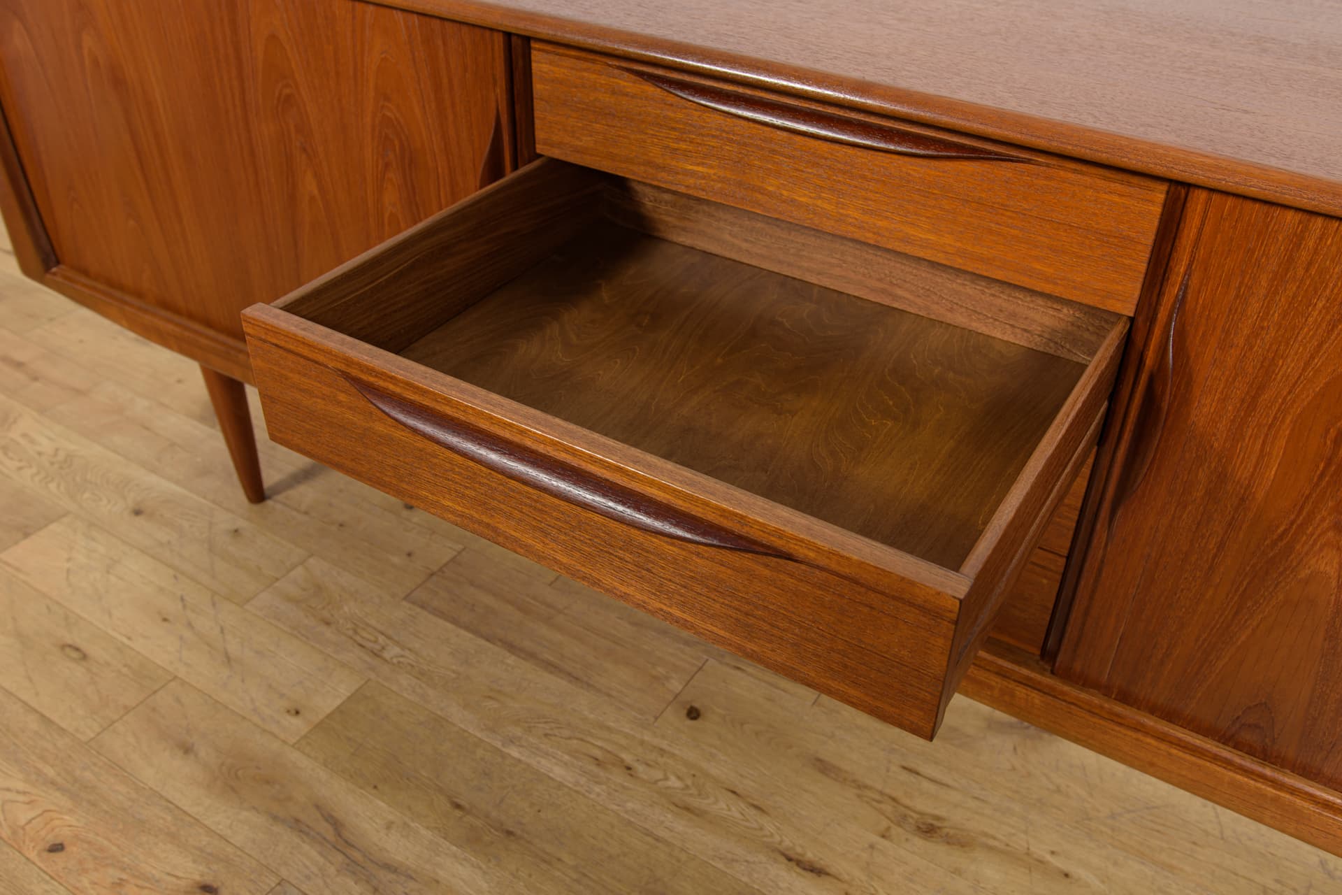 Sideboard with tambour doors, teak, brown, Denmark, 1970s. - 393732