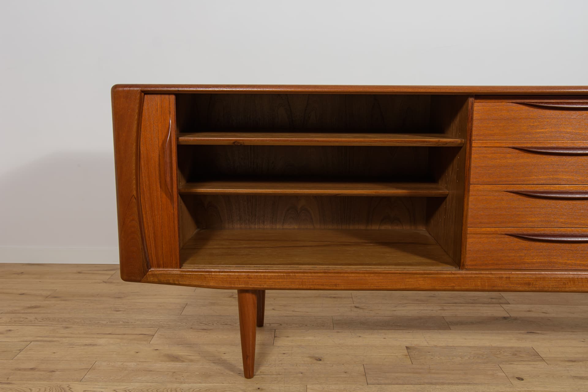 Sideboard with tambour doors, teak, brown, Denmark, 1970s. - 393734