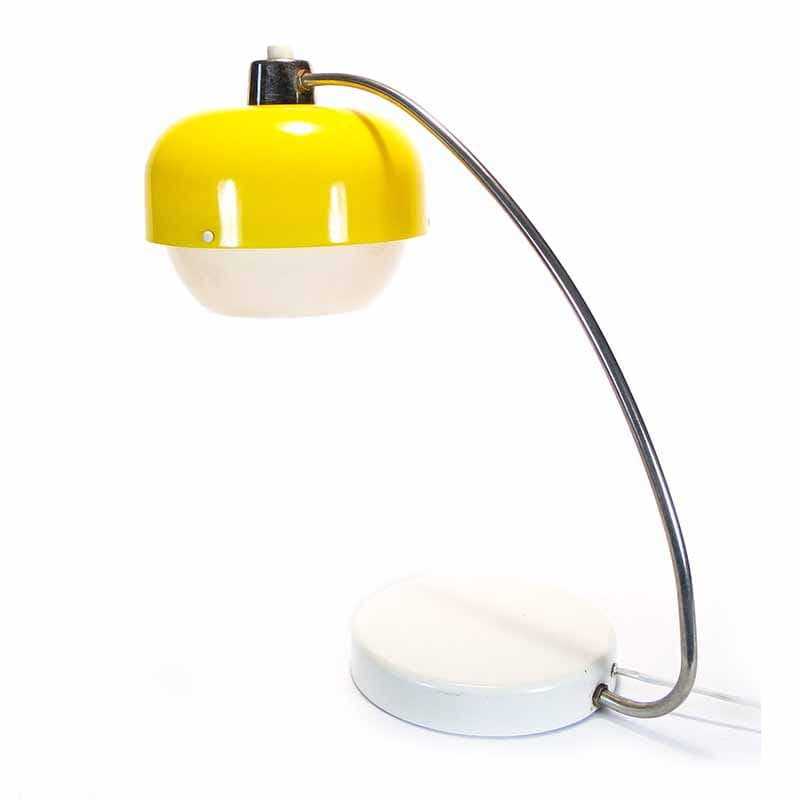 Table lamp, yellow white, polished steel plastic, Meos, Poland, 1960s.