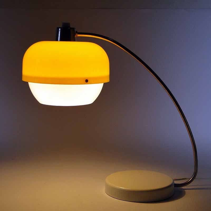 Table lamp, yellow white, polished steel plastic, Meos, Poland, 1960s. - 393785