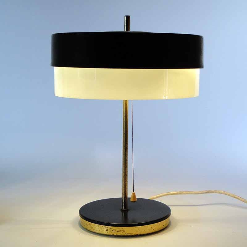 Table lamp, model 370021/2, black steel, white glass, golden brass, by J. Hurka, Napako, Czechia, 1960s. - 393793