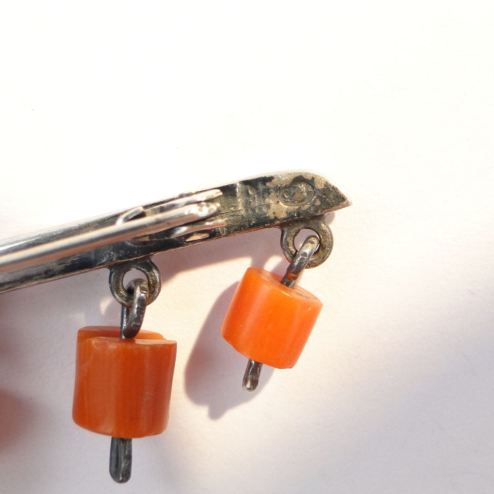 Modernist brooch, silver, orange coral, Orno, Poland, 1960s. - 393865