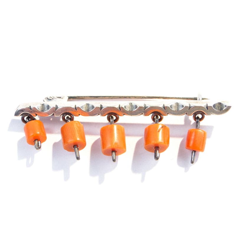 Modernist brooch, silver, orange coral, Orno, Poland, 1960s.