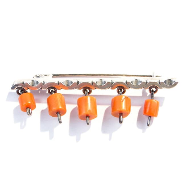 Modernist brooch, silver, orange coral, Orno, Poland, 1960s. - DIMENSION