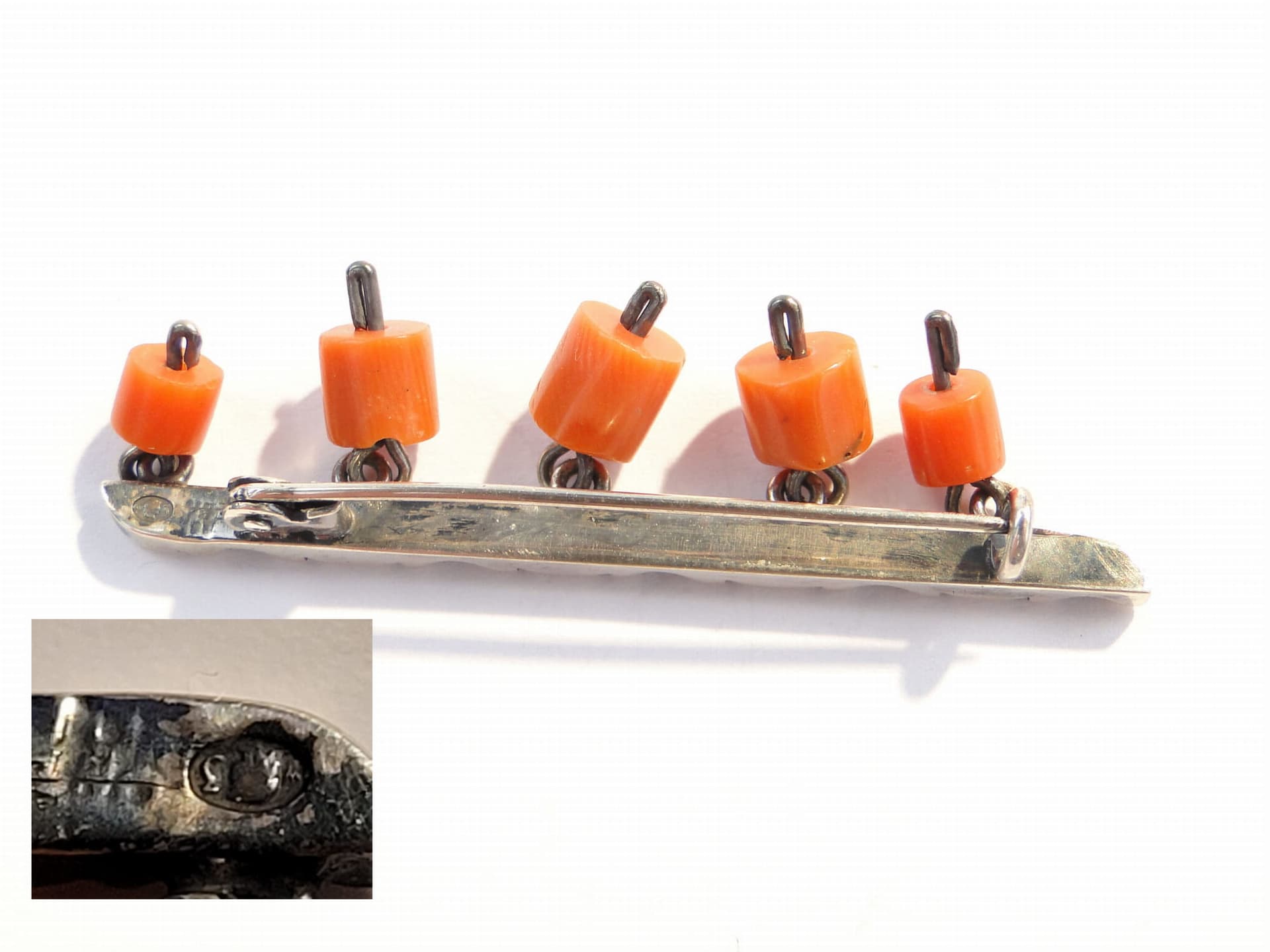 Modernist brooch, silver, orange coral, Orno, Poland, 1960s. - 393862