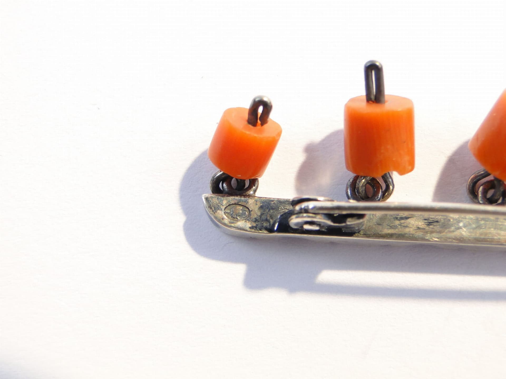 Modernist brooch, silver, orange coral, Orno, Poland, 1960s. - 393864