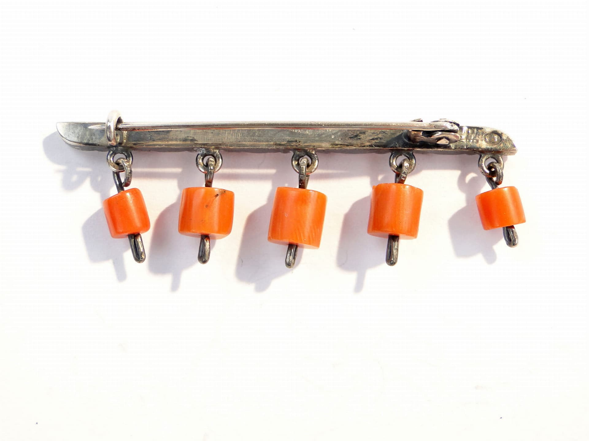 Modernist brooch, silver, orange coral, Orno, Poland, 1960s. - 393863