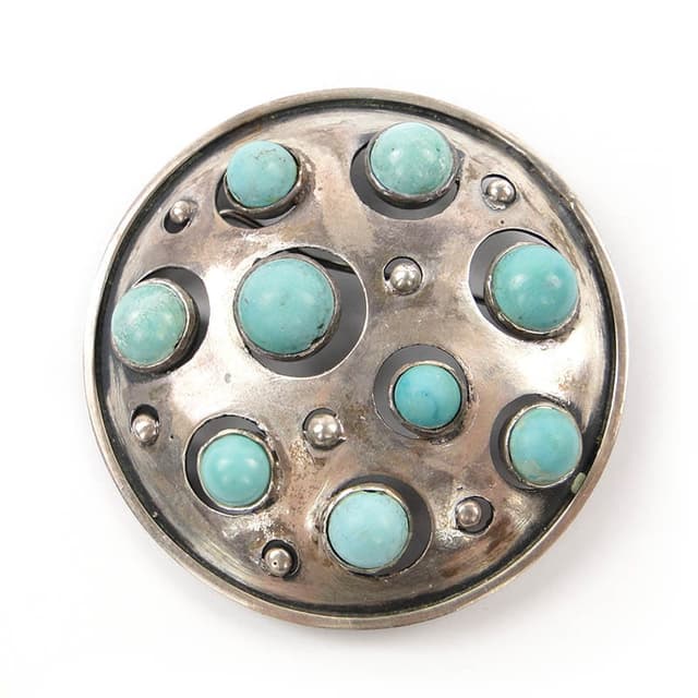 Modernist brooch, silver, turquoise, by J. Szkrabko, Orno, Poland, 1960s. - DIMENSION