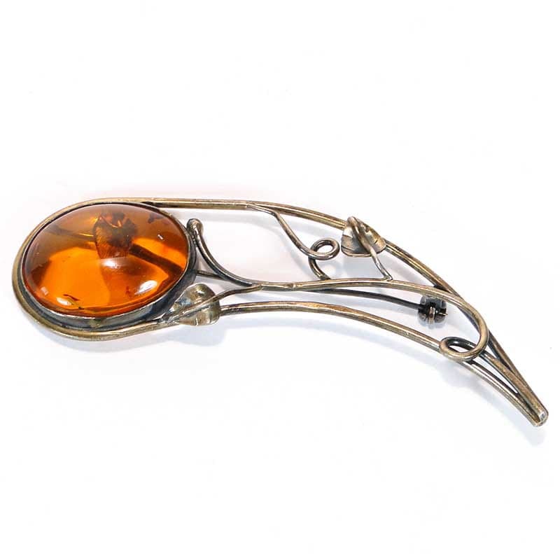 Modernist brooch, golden amber, silver, Poland, 1980s