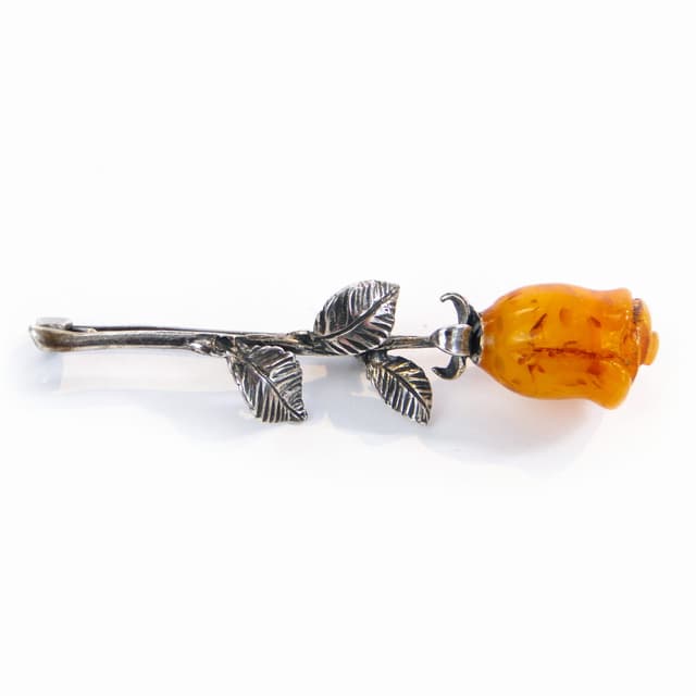 Rose brooch, silver amber, Poland, 1980s - DIMENSION