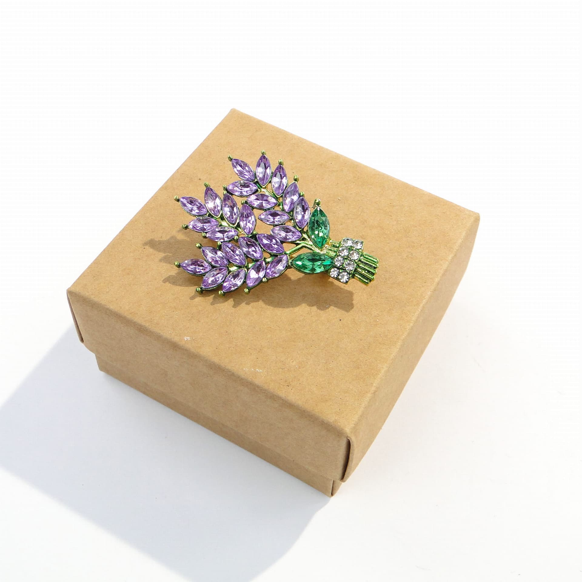 Brooch Lavender Bouquet, gold purple green clear, metal glass, Czech Republic, 1990s - 393952