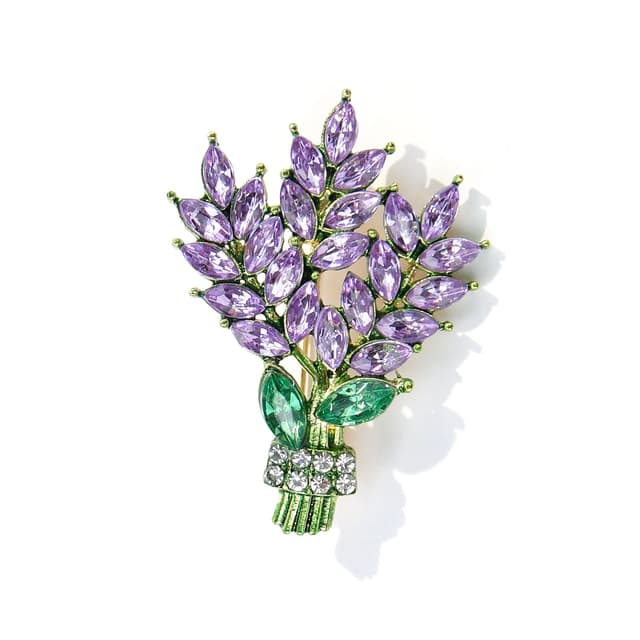 Brooch Lavender Bouquet, gold purple green clear, metal glass, Czech Republic, 1990s - DIMENSION