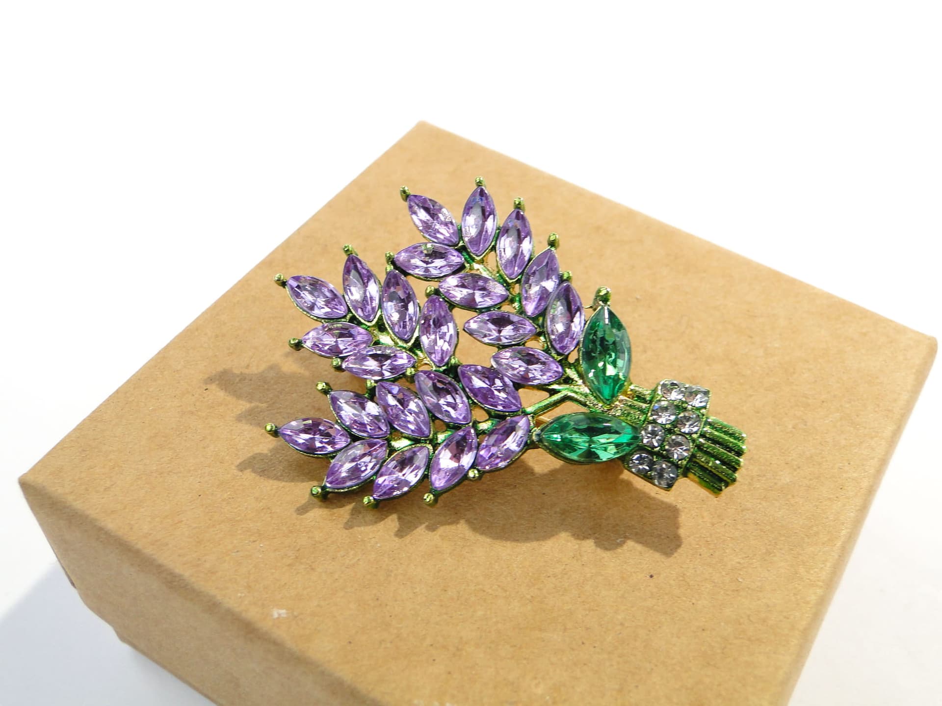Brooch Lavender Bouquet, gold purple green clear, metal glass, Czech Republic, 1990s - 393950