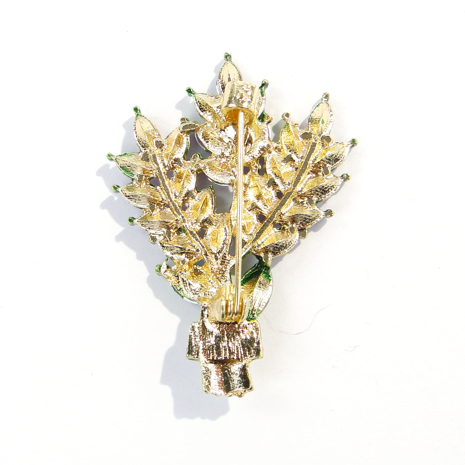 Brooch Lavender Bouquet, gold purple green clear, metal glass, Czech Republic, 1990s - 393951