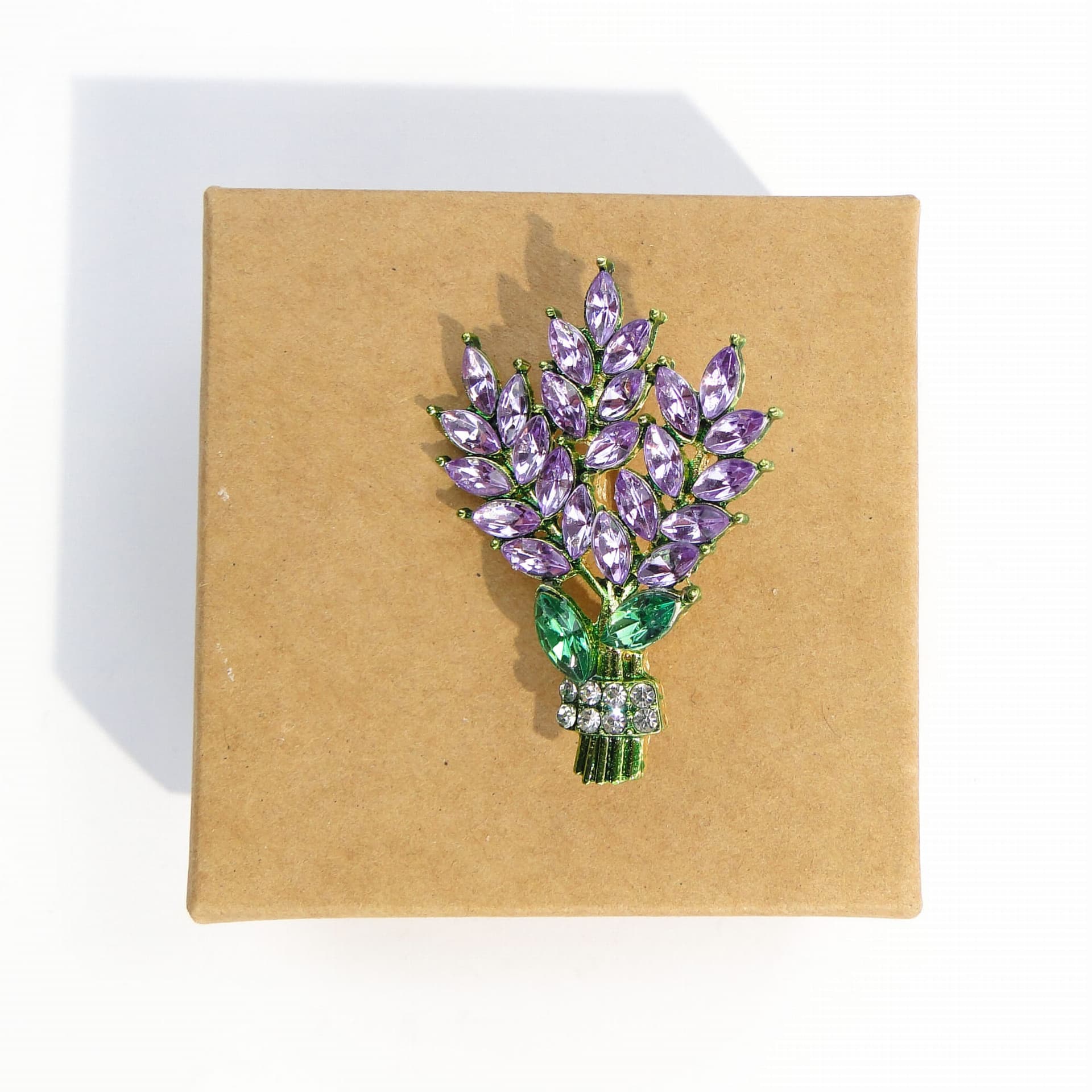 Brooch Lavender Bouquet, gold purple green clear, metal glass, Czech Republic, 1990s - 393953