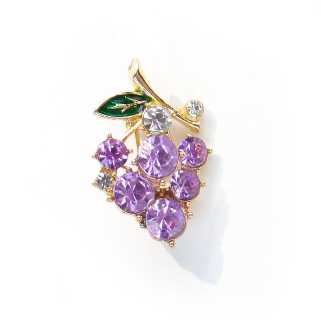 Brooch grape cluster, gold purple green clear, metal glass, Jablonex, Czech Republic, 1990s - DIMENSION