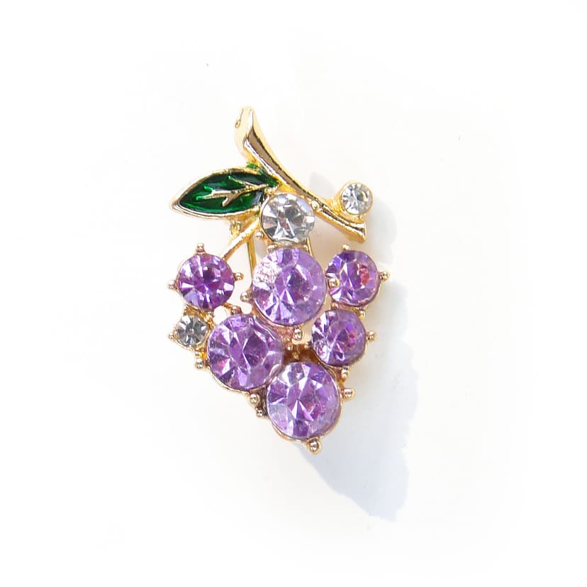 Brooch grape cluster, gold purple green clear, metal glass, Jablonex, Czech Republic, 1990s