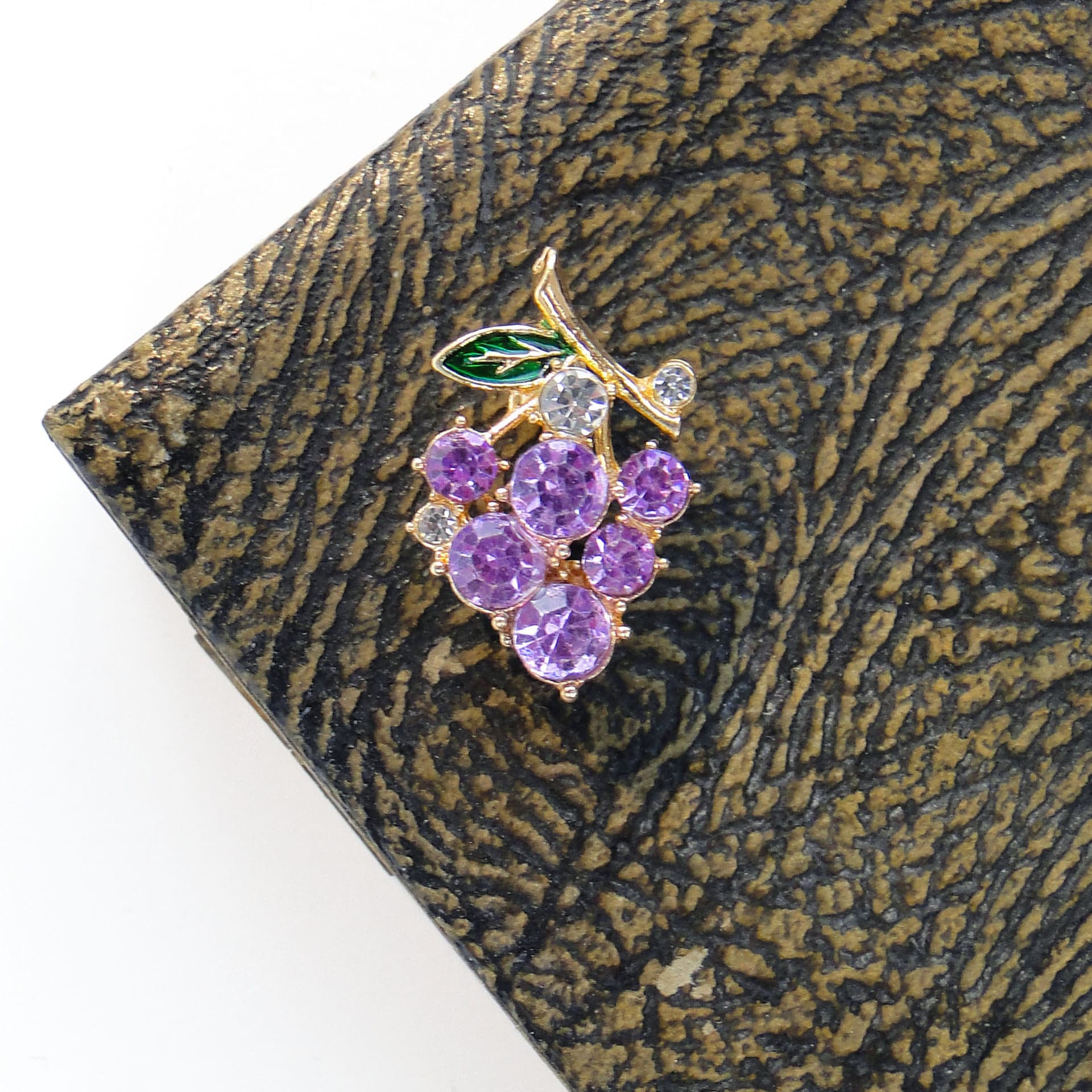 Brooch grape cluster, gold purple green clear, metal glass, Jablonex, Czech Republic, 1990s - 393960