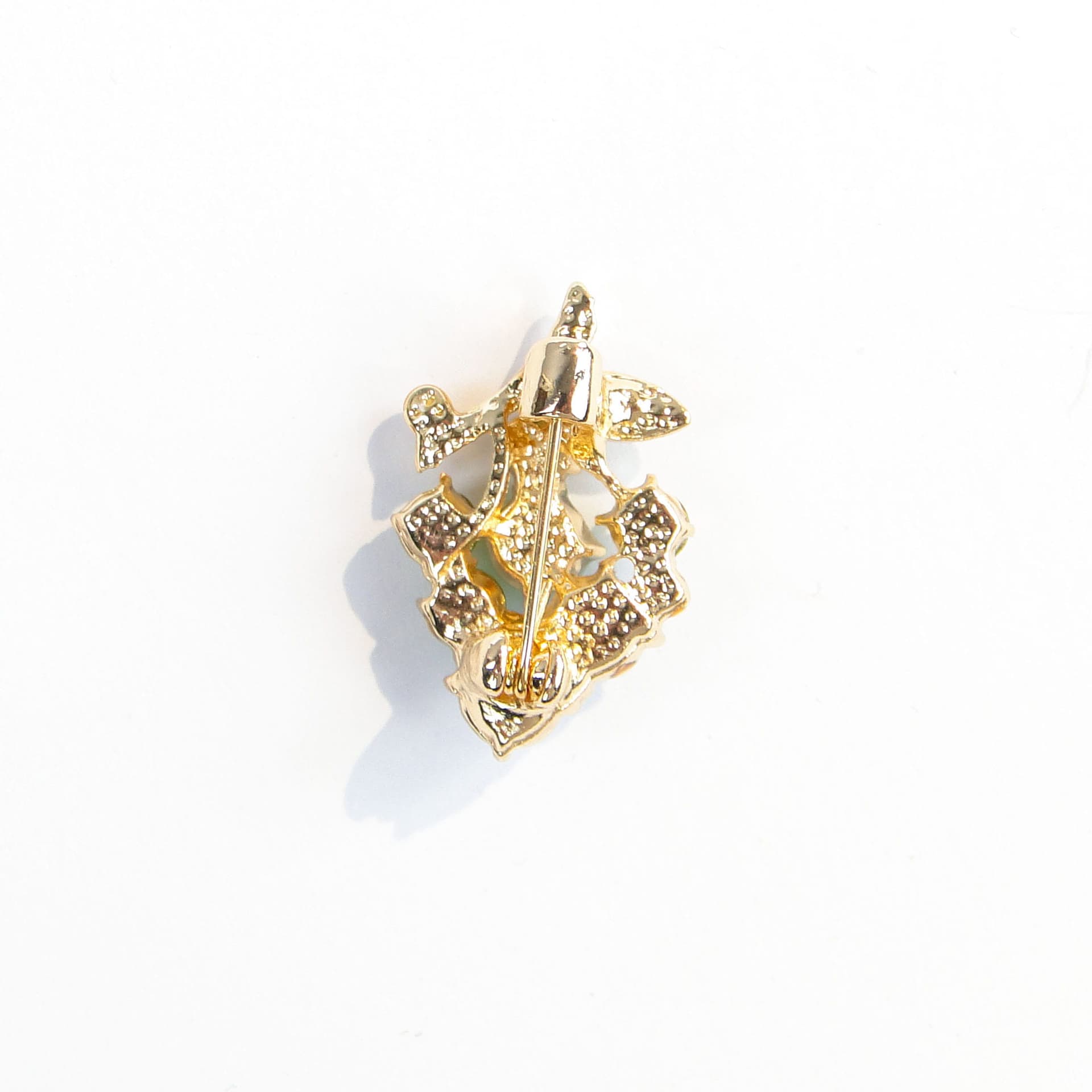 Brooch grape cluster, gold green clear, metal glass enamel, Jablonex, Czech Republic, 1990s. - 393965