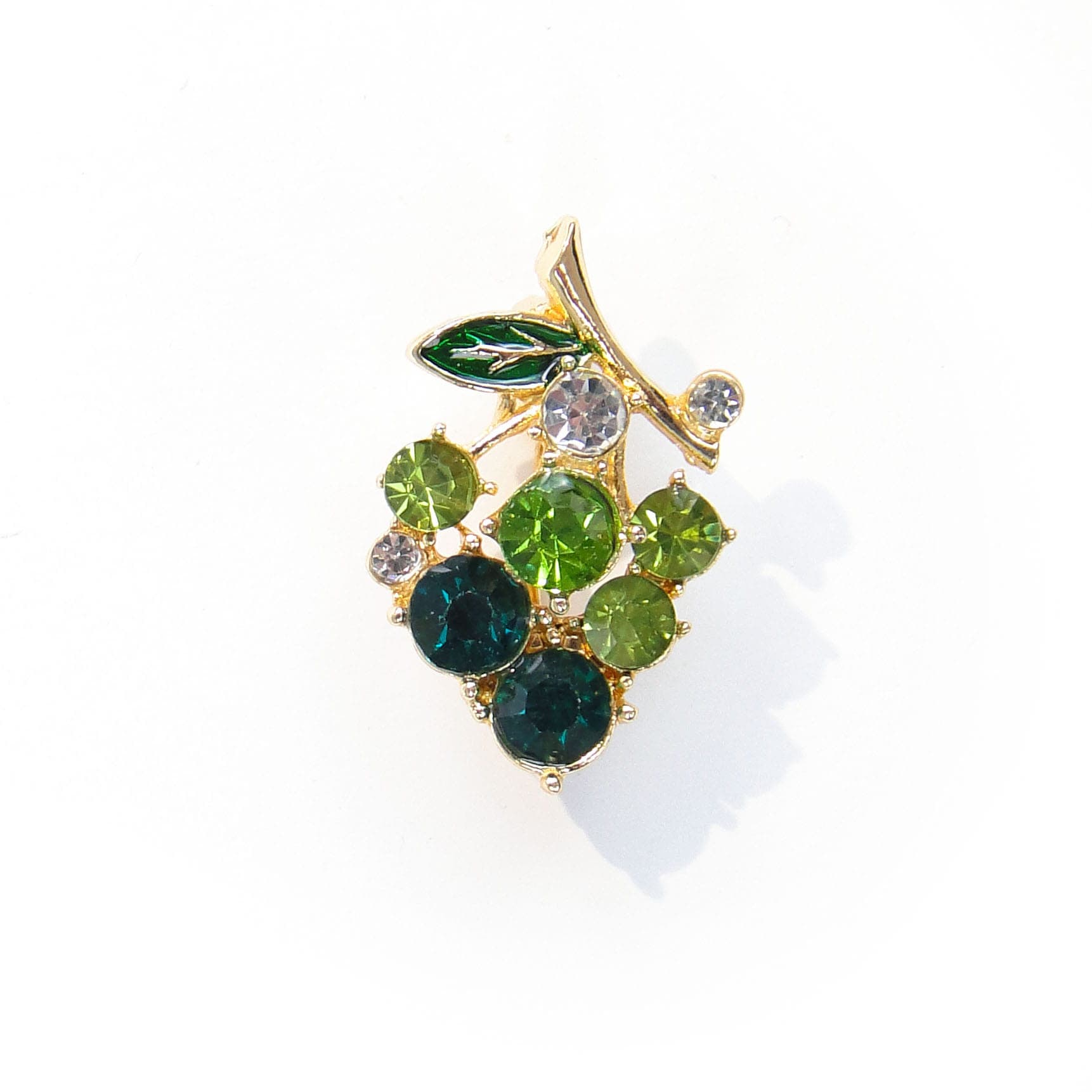 Brooch grape cluster, gold green clear, metal glass enamel, Jablonex, Czech Republic, 1990s. - 393964