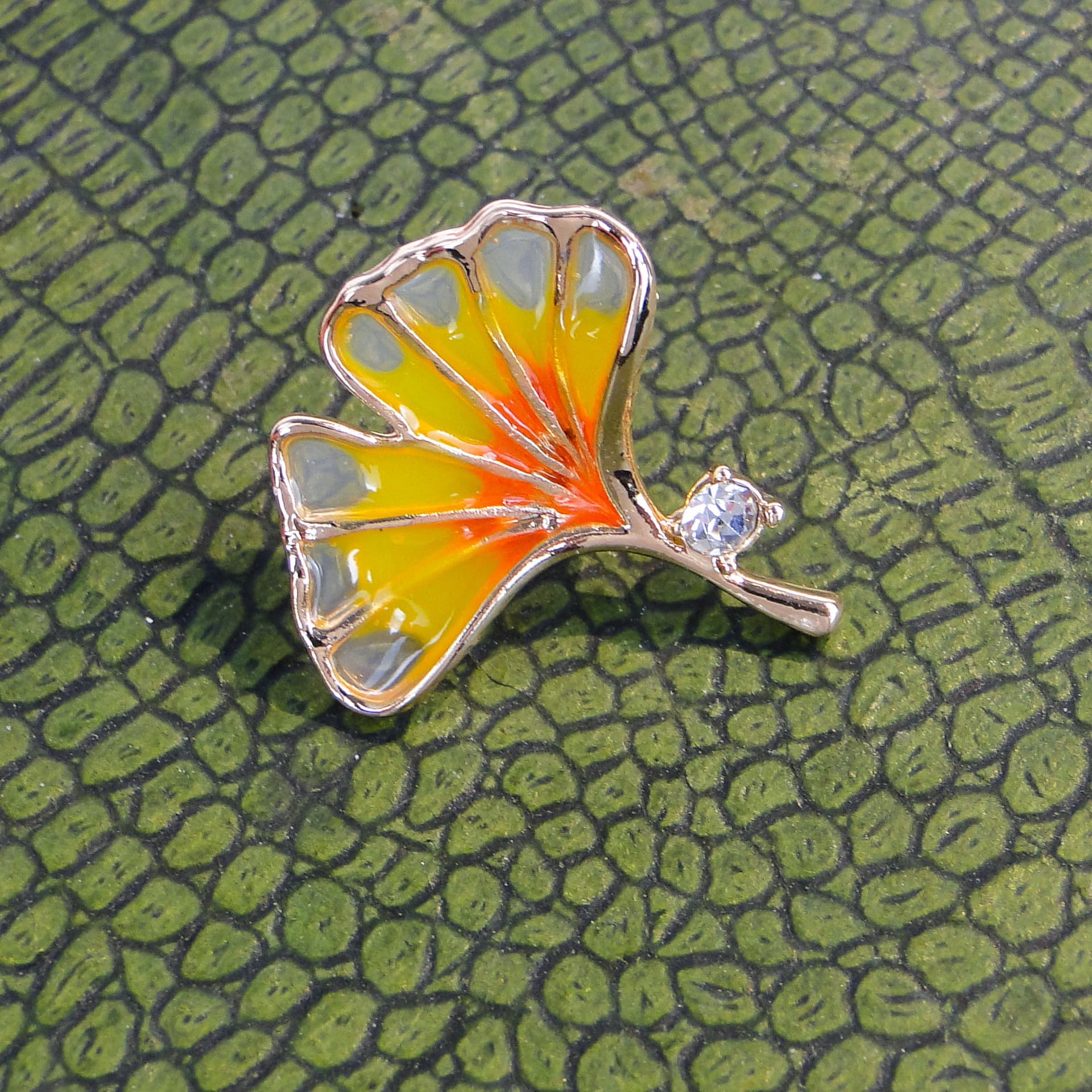 Brooch Ginkgo Leaf, yellow orange enamel, gold metal, Jablonex, Czech Republic, 1990s. - 393969