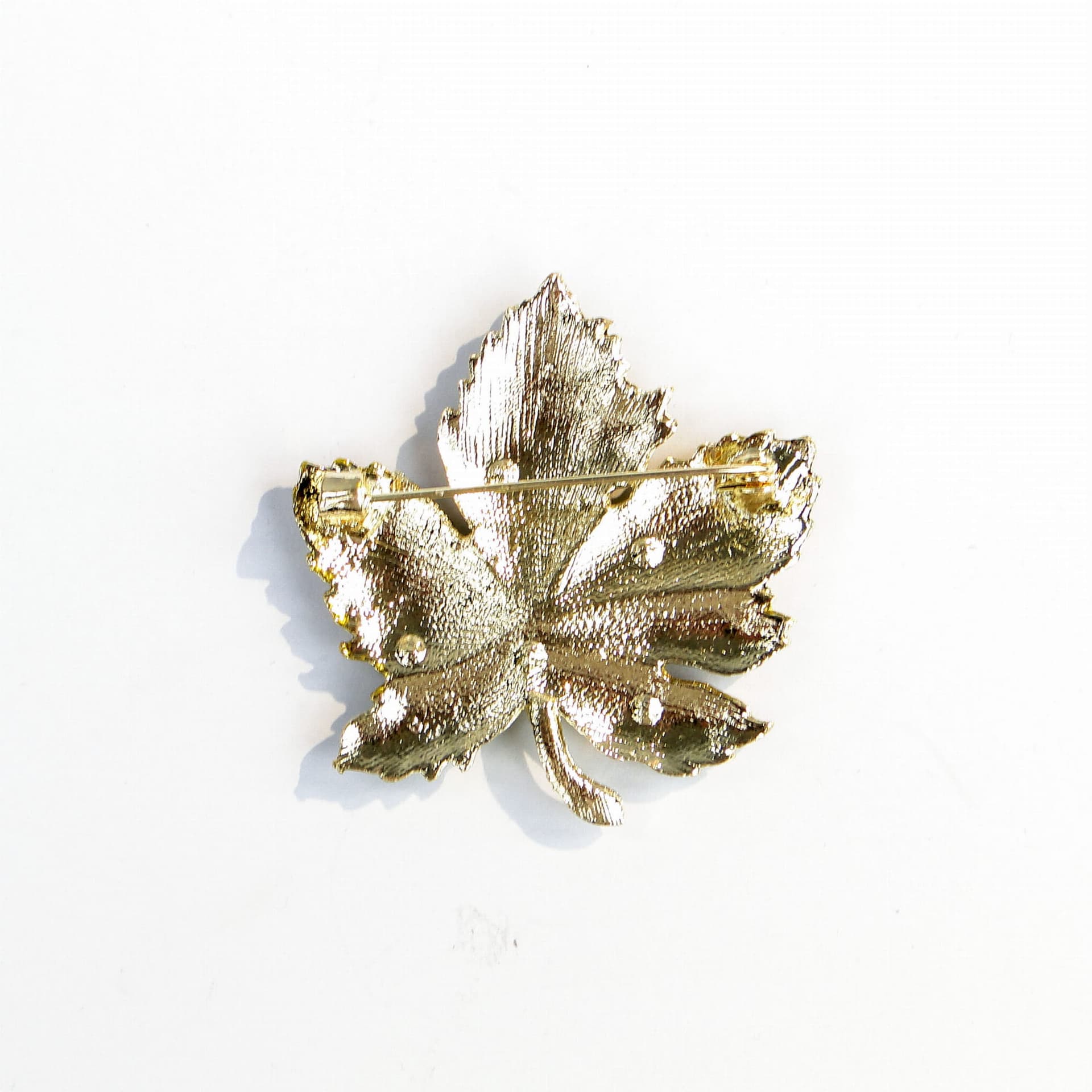 Brooch maple leaf, gold green blue silver, metal enamel cubic zirconia, Jablonex, Czech Republic, 1990s. - 393976