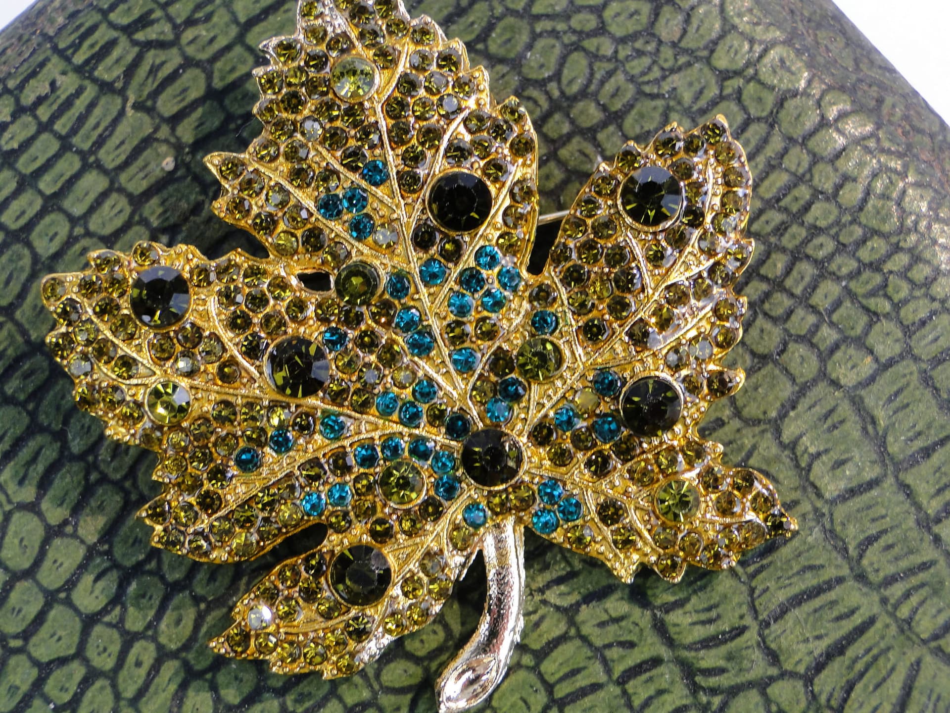 Brooch maple leaf, gold green blue silver, metal enamel cubic zirconia, Jablonex, Czech Republic, 1990s. - 393971