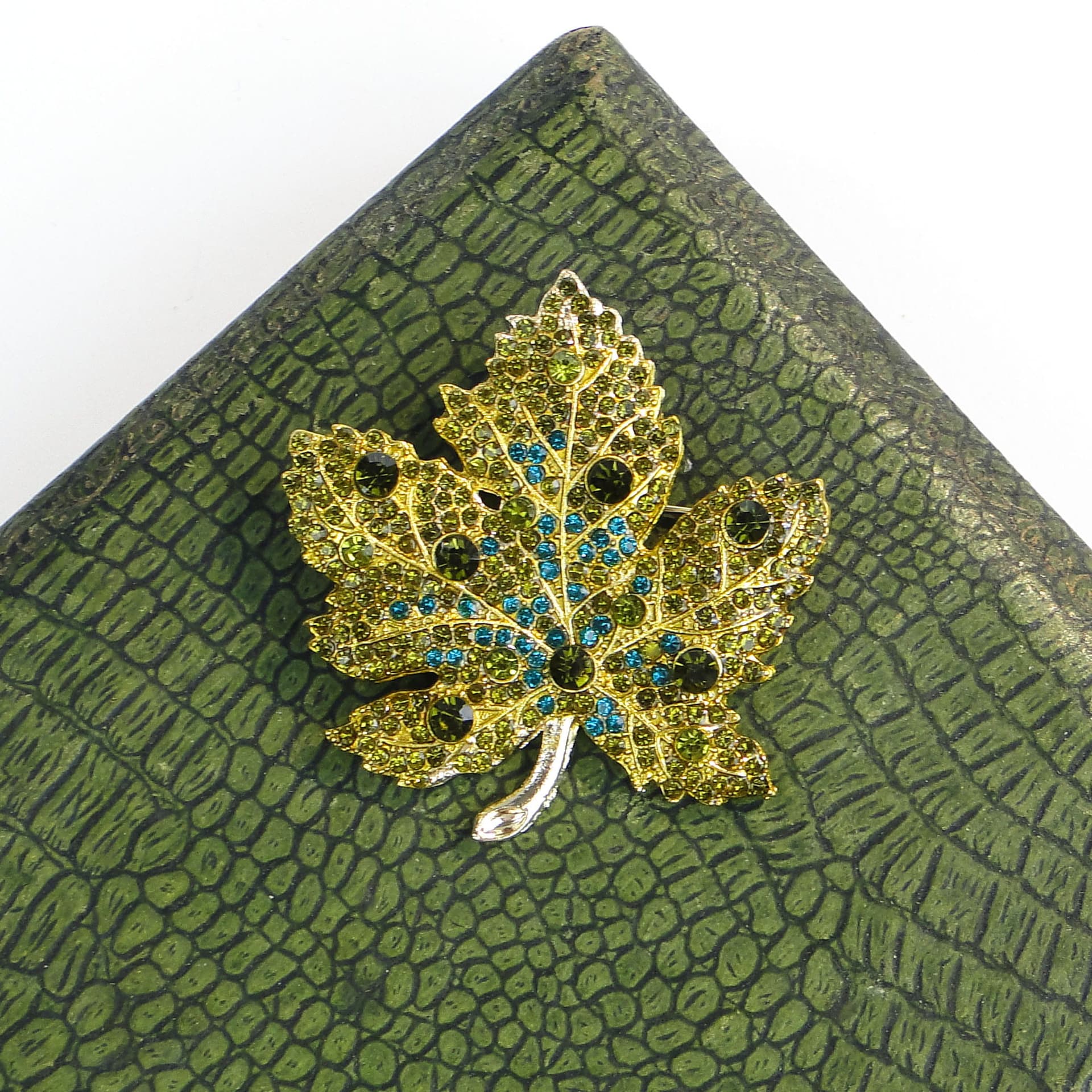 Brooch maple leaf, gold green blue silver, metal enamel cubic zirconia, Jablonex, Czech Republic, 1990s. - 393973
