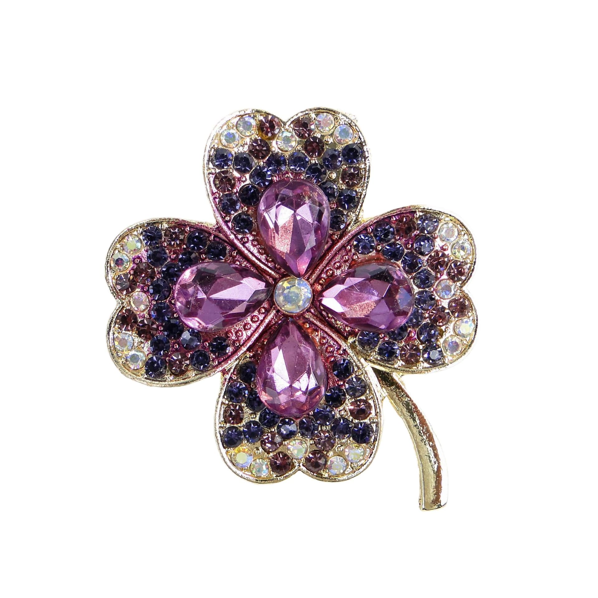 Brooch Four-Leaf Clover, purple glass, gold metal, Jablonex, Czech Republic, 1990s.
