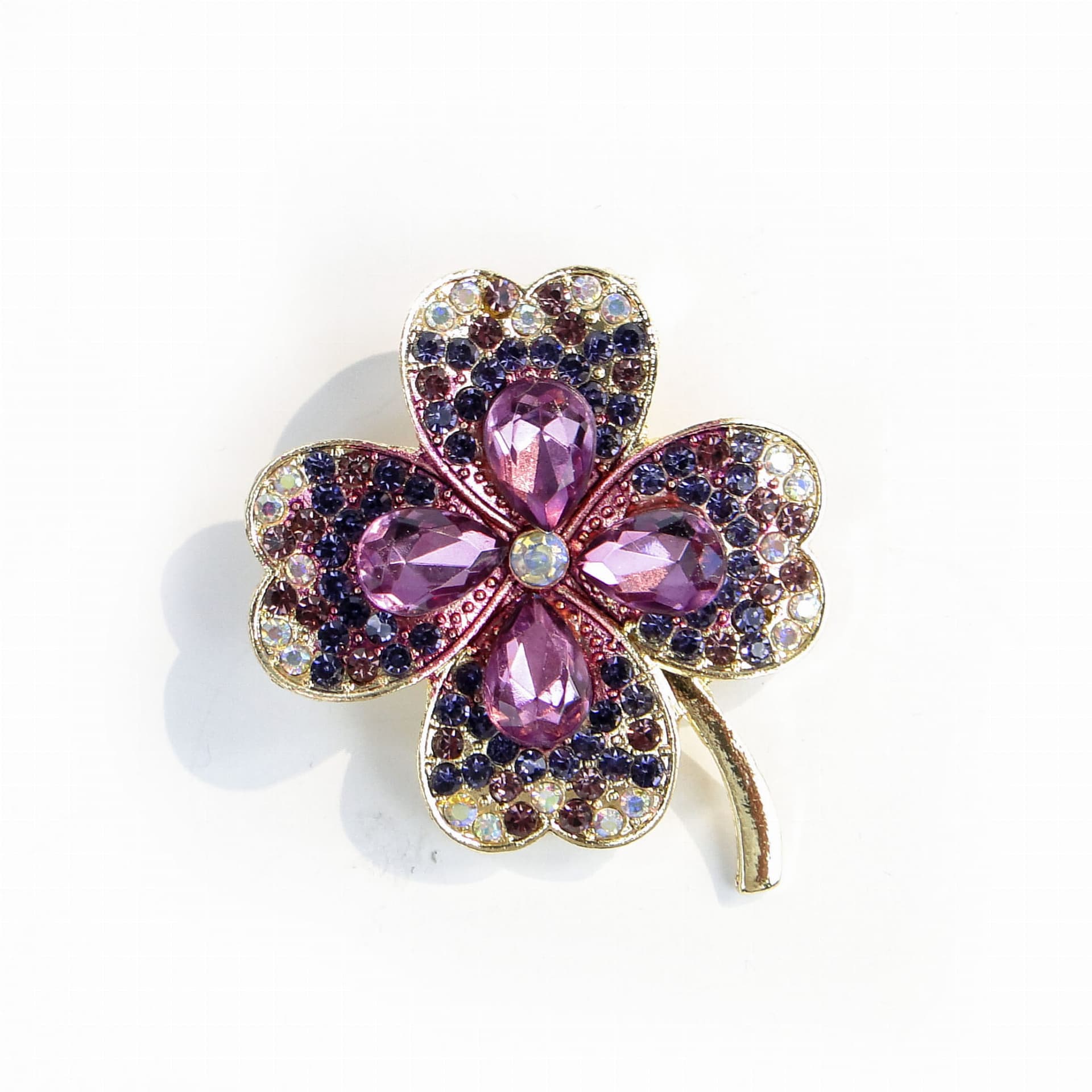 Brooch Four-Leaf Clover, purple glass, gold metal, Jablonex, Czech Republic, 1990s. - 393984