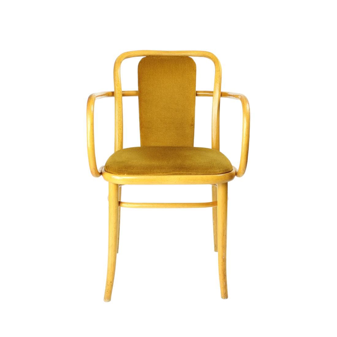 Fotel z podłokietnikami 811, złoty velvet, dąb brązowy, proj. J. Hoffman, TON, lata 60.