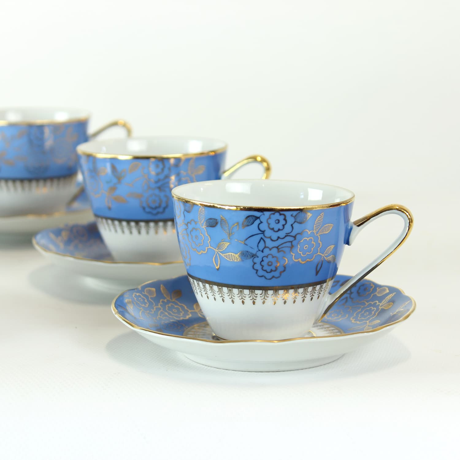Zestaw sześciu filiżanek i spodków, porcelana niebieska, złocona, Stará Role, Czechosłowacja, lata 50. - 394384