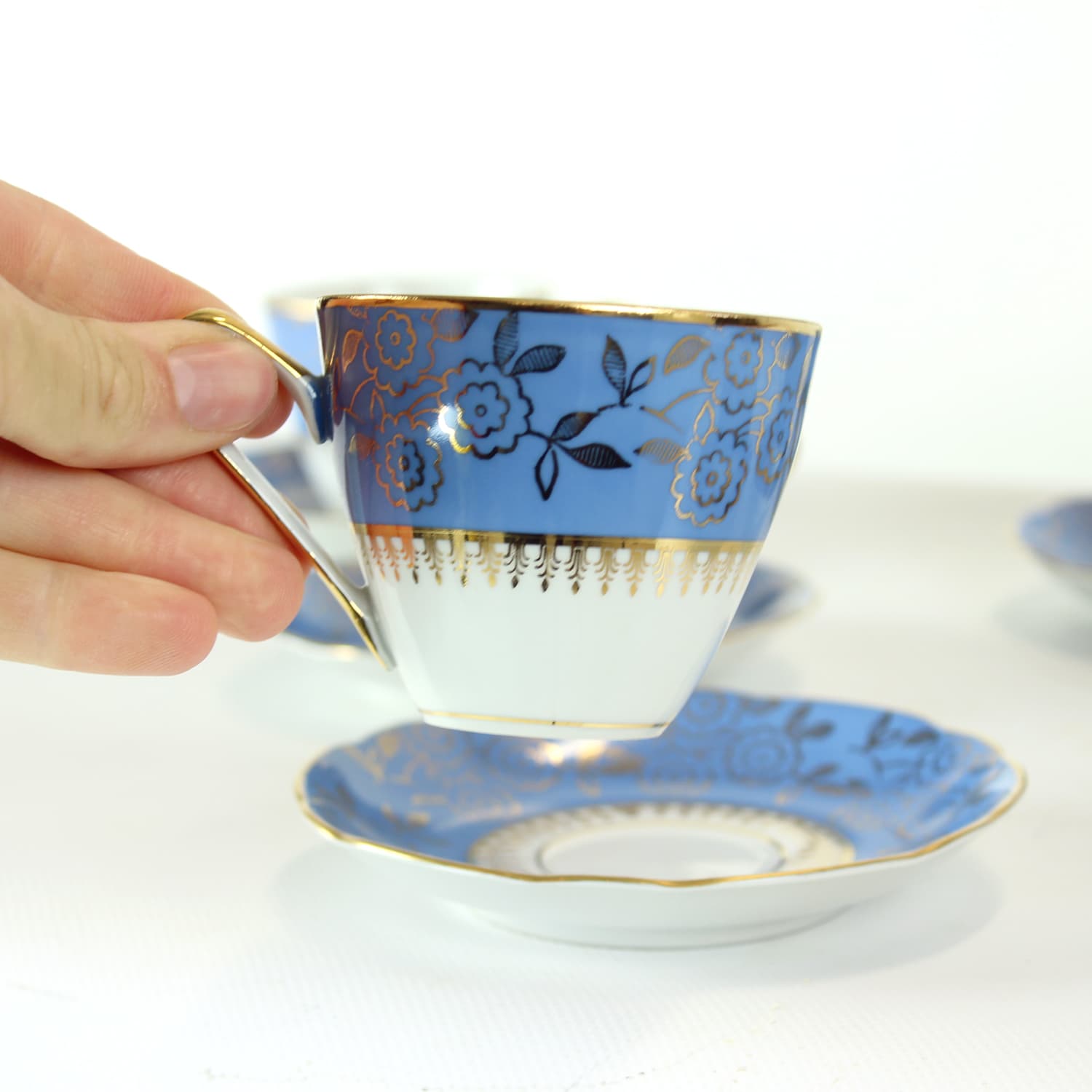 Zestaw sześciu filiżanek i spodków, porcelana niebieska, złocona, Stará Role, Czechosłowacja, lata 50. - 394382
