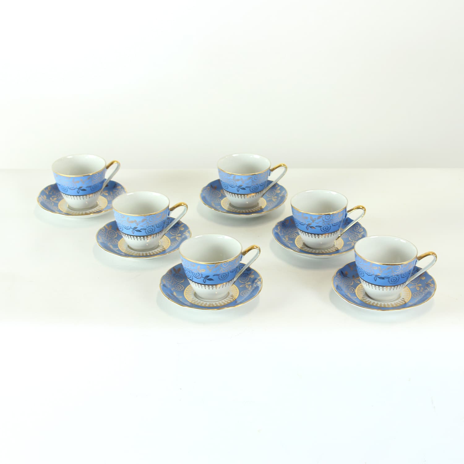 Zestaw sześciu filiżanek i spodków, porcelana niebieska, złocona, Stará Role, Czechosłowacja, lata 50. - 394381