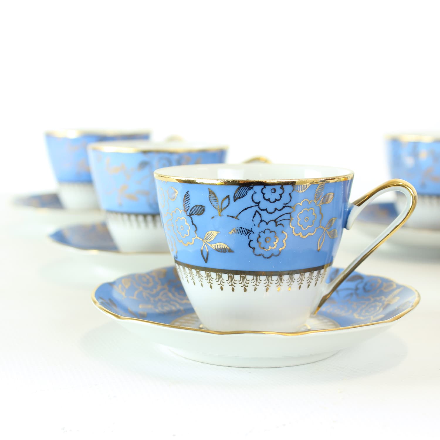 Zestaw sześciu filiżanek i spodków, porcelana niebieska, złocona, Stará Role, Czechosłowacja, lata 50. - 394383