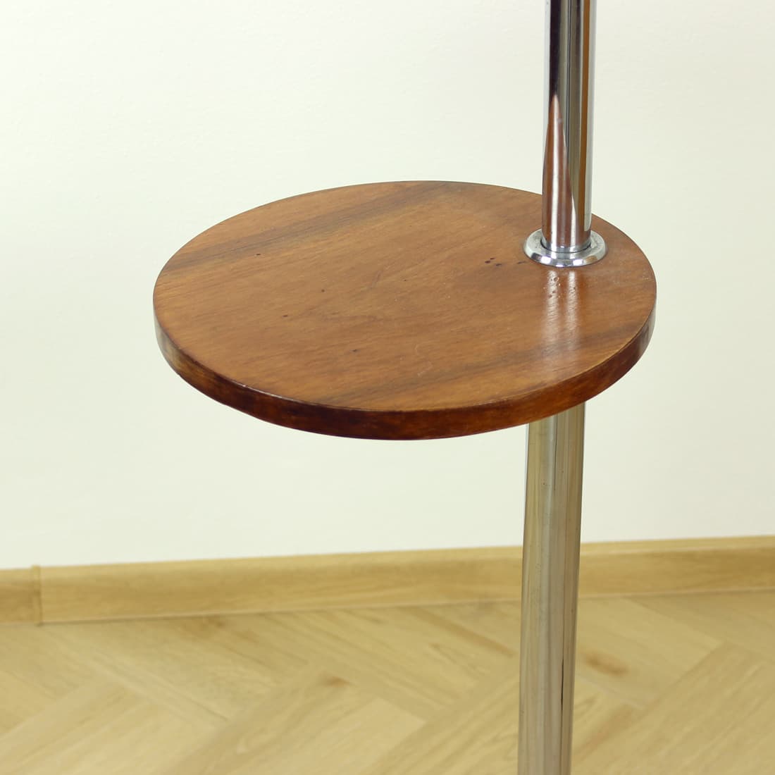Floor lamp, brown walnut, silver chrome steel, beige textile, by J. Halabala, UP Závody, 1930s. - 394391