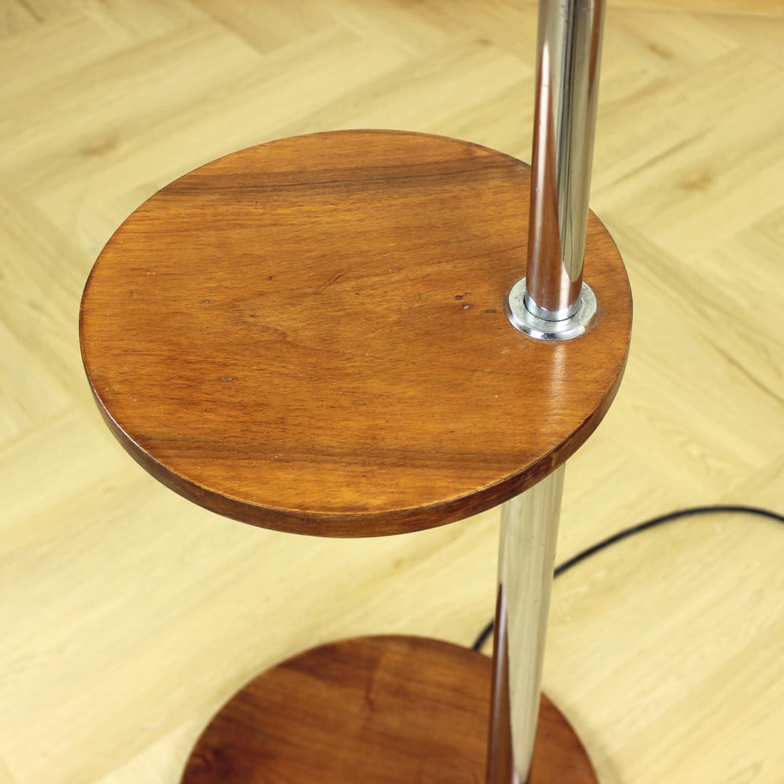 Floor lamp, brown walnut, silver chrome steel, beige textile, by J. Halabala, UP Závody, 1930s. - 394393