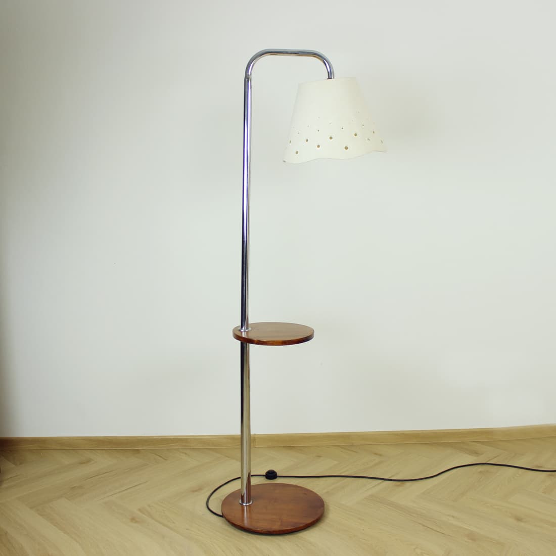 Floor lamp, brown walnut, silver chrome steel, beige textile, by J. Halabala, UP Závody, 1930s. - 394388
