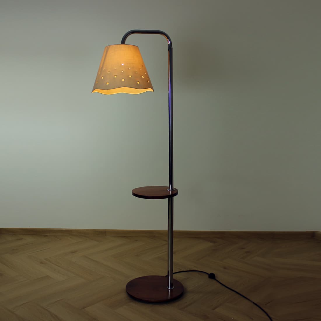 Floor lamp, brown walnut, silver chrome steel, beige textile, by J. Halabala, UP Závody, 1930s. - 394402